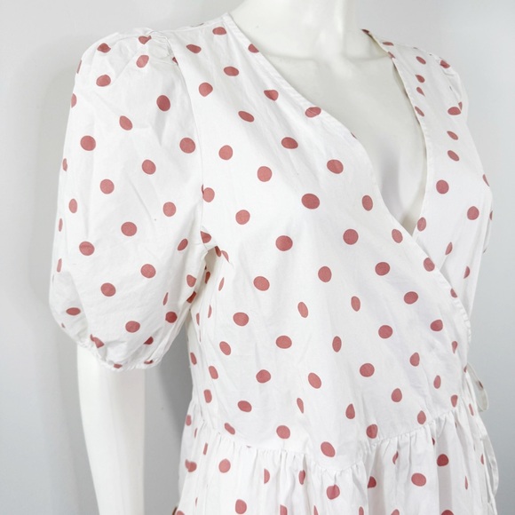 J. Crew White Puff Sleeve Wrap Dress Size S Pink Polka Dots Coquette Modest Cute - Picture 3 of 10